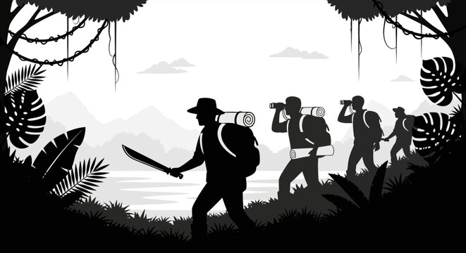 Group of explorers with machete in jungle landscape silhouette