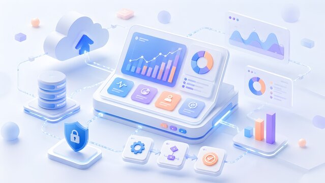 Visualizing seamless cloud data integration, secure server infrastructure, and intelligent business analytics dashboard with workflow automation on a sleek device.