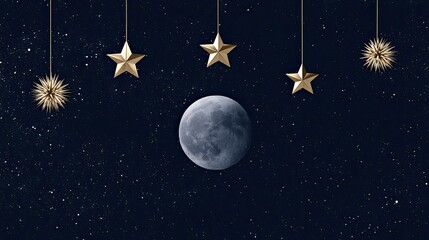 Naklejka premium Glistening moon and stars adorn a midnight sky with hanging celestial ornaments
