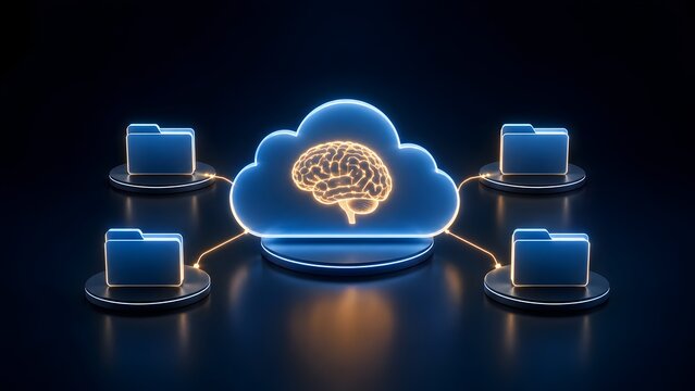 AI-powered cloud computing concept illustrating intelligent data management, processing, and distribution across multiple interconnected digital folders within a futuristic network environment.