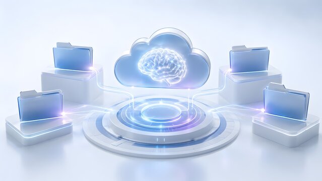 Artificial intelligence brain within a cloud network processing and managing digital data files, symbolizing smart storage and futuristic connectivity solutions.