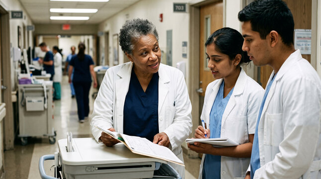female healthcare professional mentoring young medical students in a hospital environment, International Women's Equality Day concept