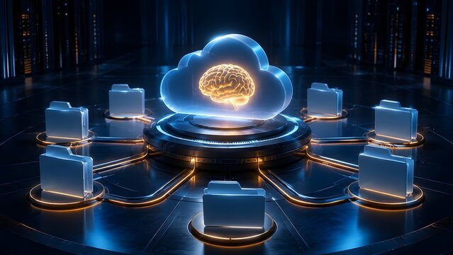 Centralized AI brain within a glowing cloud computing hub, efficiently managing interconnected digital data folders across a secure, futuristic server environment.