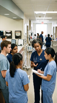 female healthcare professional mentoring young medical students in a hospital environment, International Women's Equality Day concept