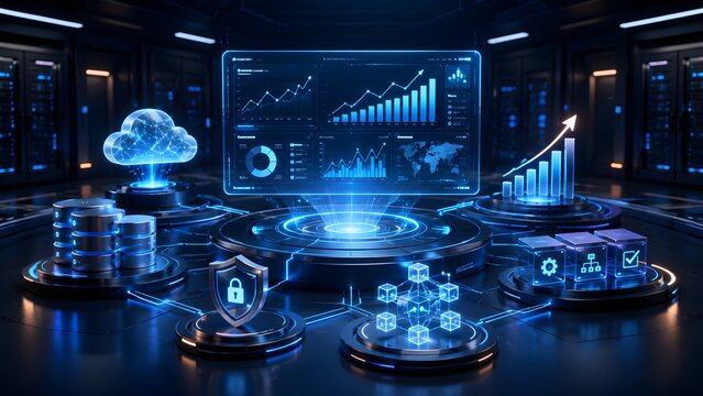 Futuristic data center showcasing cloud computing, secure blockchain networks, and AI-driven business analytics with impressive growth charts for innovation.