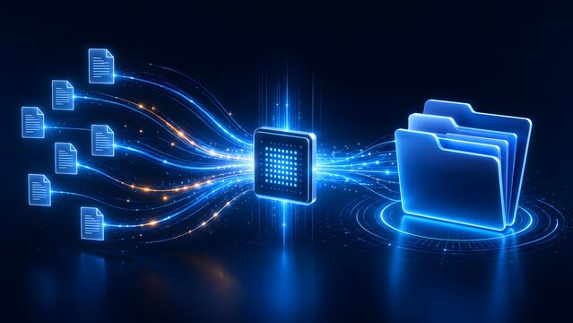 High-tech digital data processing and file management, showcasing secure document transfer through a futuristic network into organized cloud storage folders.