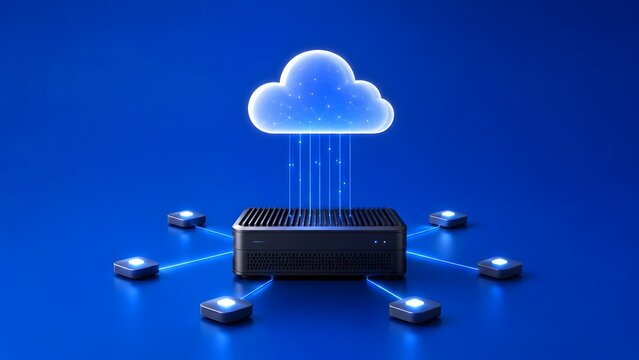 Modern cloud computing architecture with a central network device facilitating secure data transfer to distributed nodes, representing advanced digital connectivity and global technology solutions.