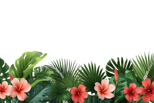 Tropical floral border with hibiscus flowers and palm leaves creating a vibrant summer design template on transparent background