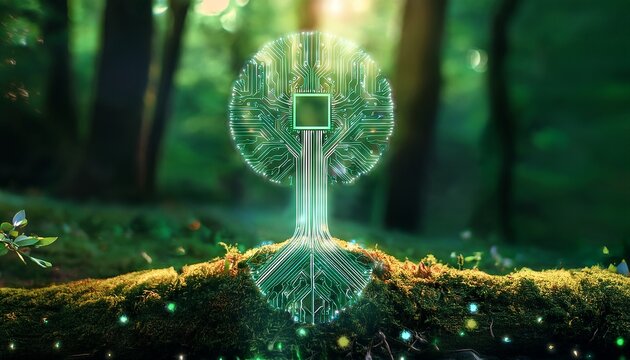 green tree with glowing circuit board roots in lush forest technology nature