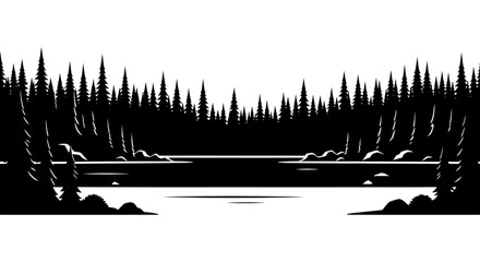 Forest And Lake Silhouette Against White Background A Graphic Landscape Silhouette © hasib