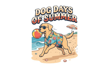 Naklejka premium Retro Dog Days of Summer Vector Illustration with Playful Dog and Beach Ball