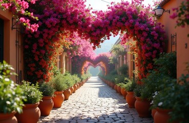 Fototapeta premium Stone path with terracotta pots, pink bougainvillea flowers forming heart shapes. Decorative floral arches line narrow alleyway in Mediterranean town. Tourists walk under vibrant blossom tunnel on