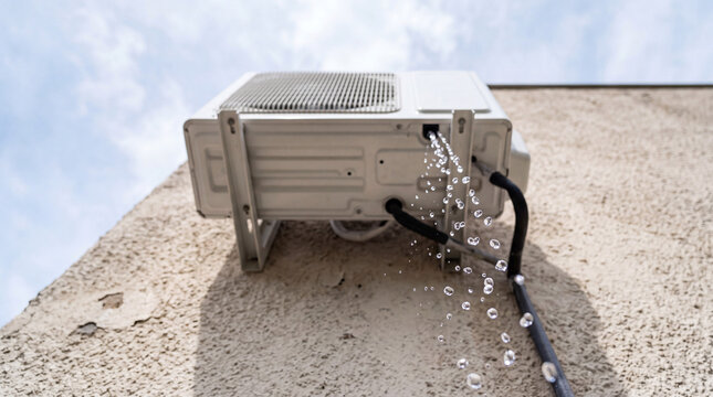 Close Perspective of Leaking White Air Conditioner with Transparent Water Drops Suspended in Air Falling Toward Viewer