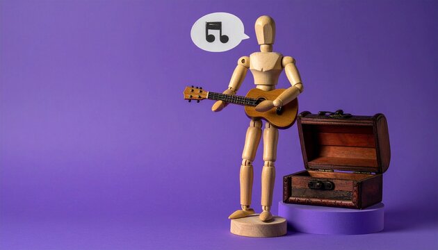 Wooden Artist Mannequin Musician Playing Acoustic Guitar with Musical Note Speech Bubble next to Wooden Treasure Chest on Purple Podium