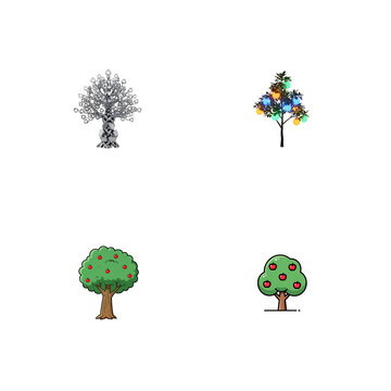 Four cartoon trees with different styles isolated on transparent background