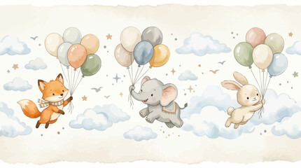 Naklejka premium Cute cartoon animals flying with balloons in the sky, fox, elephant, bunny.