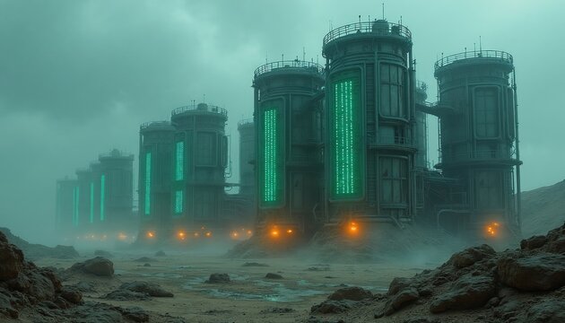 Industrial complex with tall towers, green glowing panels. Structures stand on barren ground in misty atmosphere. Futuristic energy carbon processing plant. Advanced technology for climate solutions.
