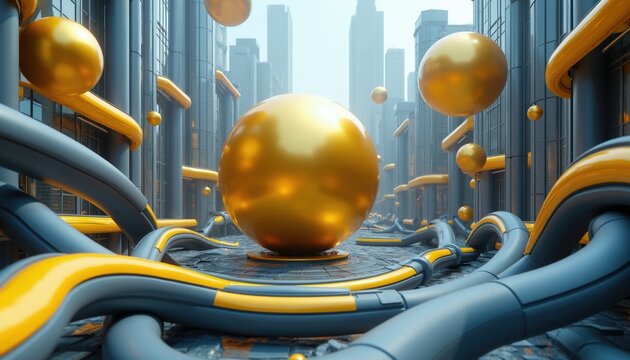 Futuristic city street with floating golden spheres between modern grey buildings. Large yellow metallic balls hover above ground among curved pipes. Urban landscape design art features abstract