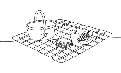 Continuous single line of a picnic basket on a checkered blanket with a sandwich, an apple, grapes, and a banana, isolated on a white background, summer outdoor leisure concept