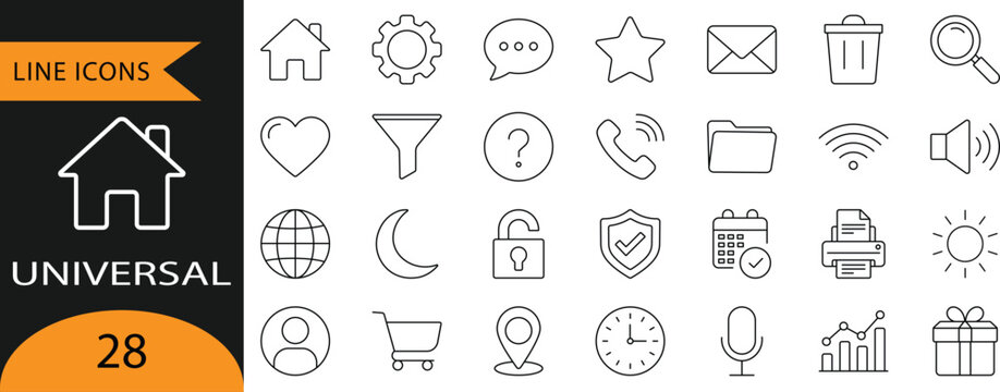 Universal user interface line icon collection containing essential web design elements for modern applications.
