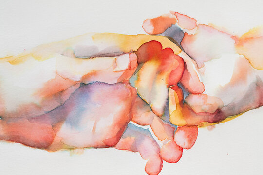 Watercolor painting of two hands touching in a soft embrace