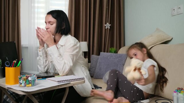 Burnout Working Mom Feeling Emotional Stress at Home with Child