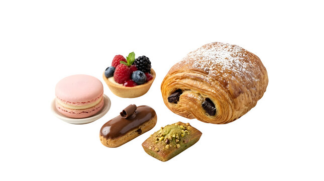 Assorted french pastries including a macaron, fruit tart, chocolate eclair, pistachio financier, and pain au chocolat isolated on transparent background