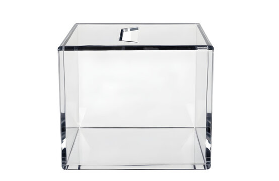 Empty transparent acrylic ballot box or donation container isolated on transparent background