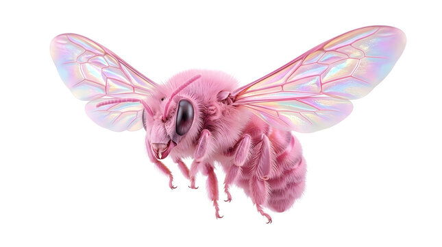 A surreal and whimsical pink bee with iridescent wings isolated on transparent background