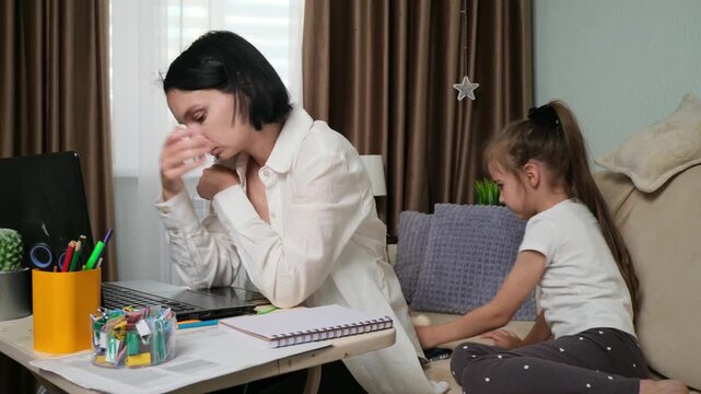 Burnout Working Mom Feeling Emotional Stress at Home with Child