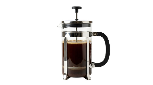French press coffee maker with brewed coffee inside isolated on transparent background
