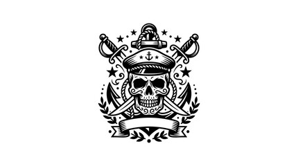 Fototapeta premium Pirate Skull Emblem with Crossed Swords, Anchor, and Nautical Cap