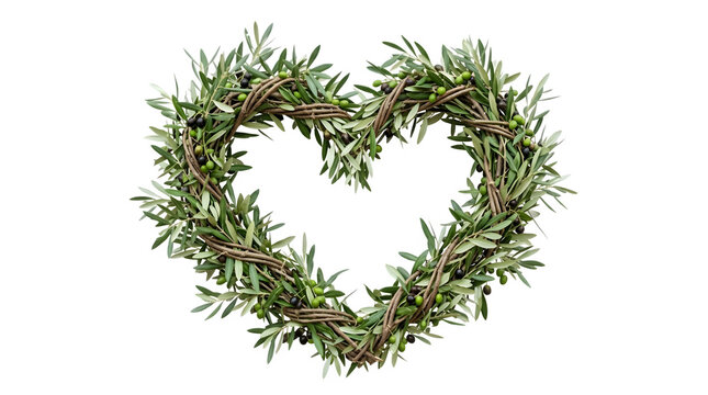 Heart shaped olive branch wreath with green leaves and olives isolated on transparent background