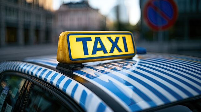 Illuminated taxi sign on a car with blue and white stripes