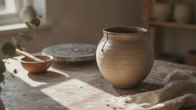 A handcrafted ceramic vase sits on a rustic wooden pottery studio table isolated on a transparent background