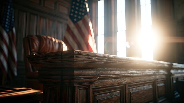 Sunlight streams into a courtroom, illuminating wood paneling and flags