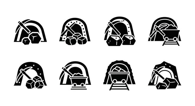 Coal mining tunnel and pickaxe industrial icons.