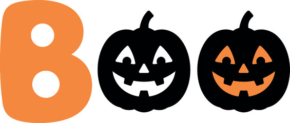 A festive Halloween graphic featuring the word Boo written with a large orange letter B followed by two stylized black jack o lantern pumpkin icons © RAC.Design-Magic