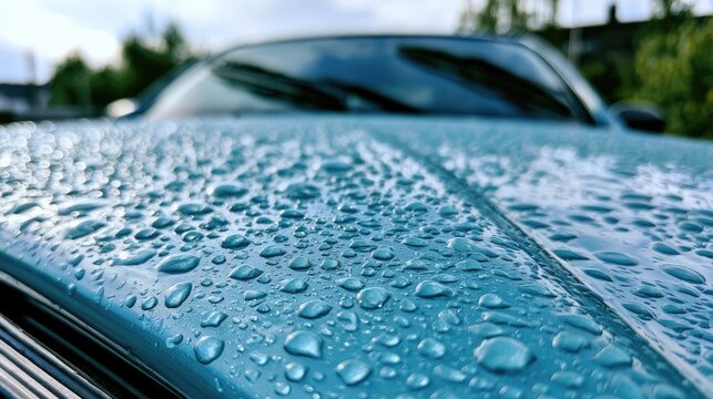 Teal car hood covered in many sparkling water droplets after rain