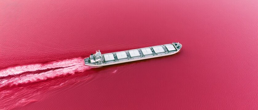 Ship travels across pink water in a body of water during daytime