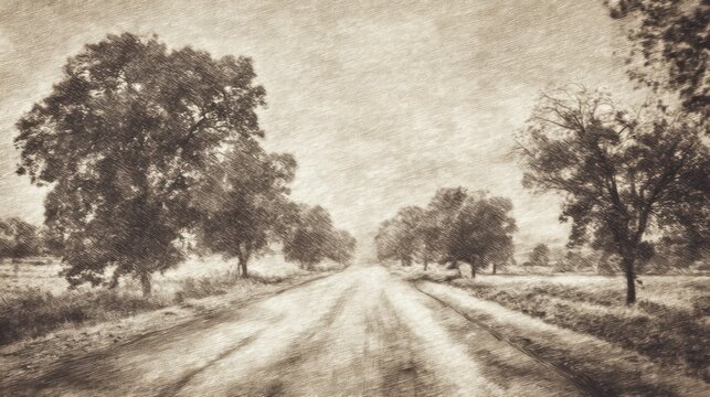 Rural dirt road lined with trees leading to distant horizon vintage effect