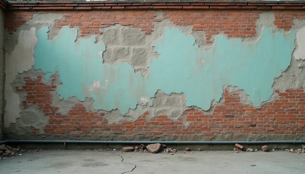 Old brick wall with peeling turquoise plaster outside. Shows signs of age and neglect with exposed bricks and concrete. Ground cracked concrete and debris visible.
