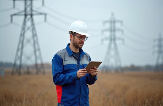 Man in safety helmet checks tablet near power lines. Worker uses digital device for electrical grid inspection. Technician monitors energy infrastructure in open field.