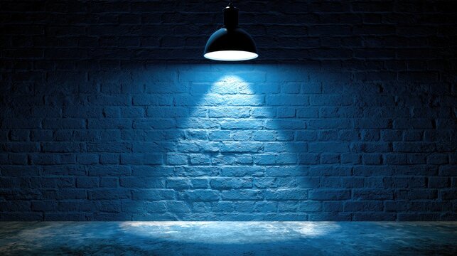 Single light casts blue glow on a textured brick wall and concrete floor