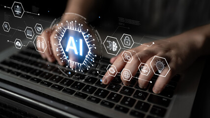 Fototapeta premium Artificial intelligence network concept connecting services, security, analytics and automation across a distributed ecosystem. Corpus