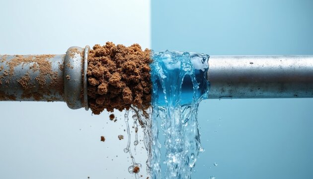 Pipe segment displays dirt buildup on one side and flowing water on other. Contrast shows clogged drain versus clean water flow. Plumbing issue comparison.