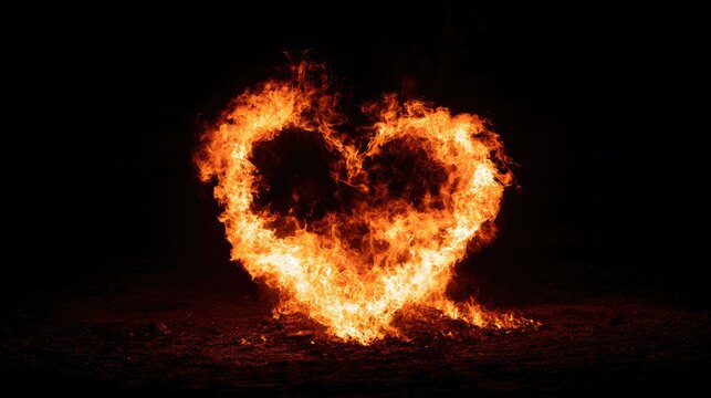 Fiery heart shape ablaze against a dark, smoky background