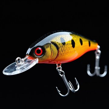Macro shot of colorful plastic fishing lure with sharp metal hooks against black background. Artificial wobbler bait for deep water predator angling. Professional tackle equipment with realistic