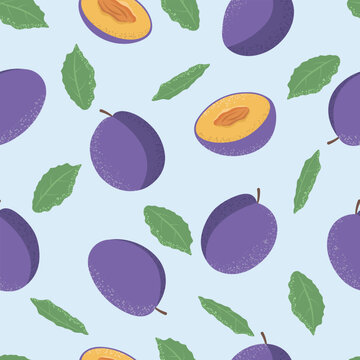 Cute seamless pattern featuring purple plums and green leaves in a playful vector style. Ideal for summer textiles, fabric, packaging, wallpaper, stationery, wrapping paper and decorative design.