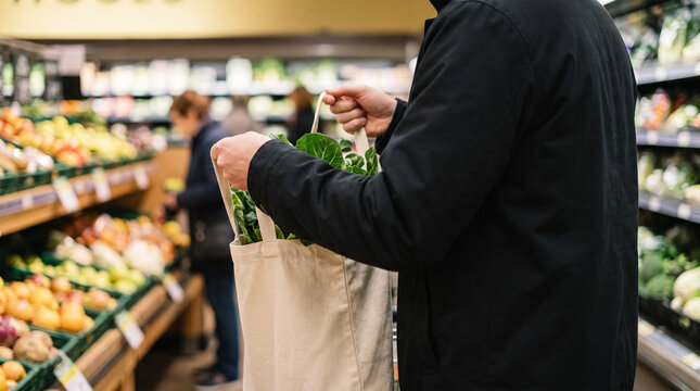 Person holding a reusable canvas grocery bag with fresh greens in a supermarket thanksgiving
